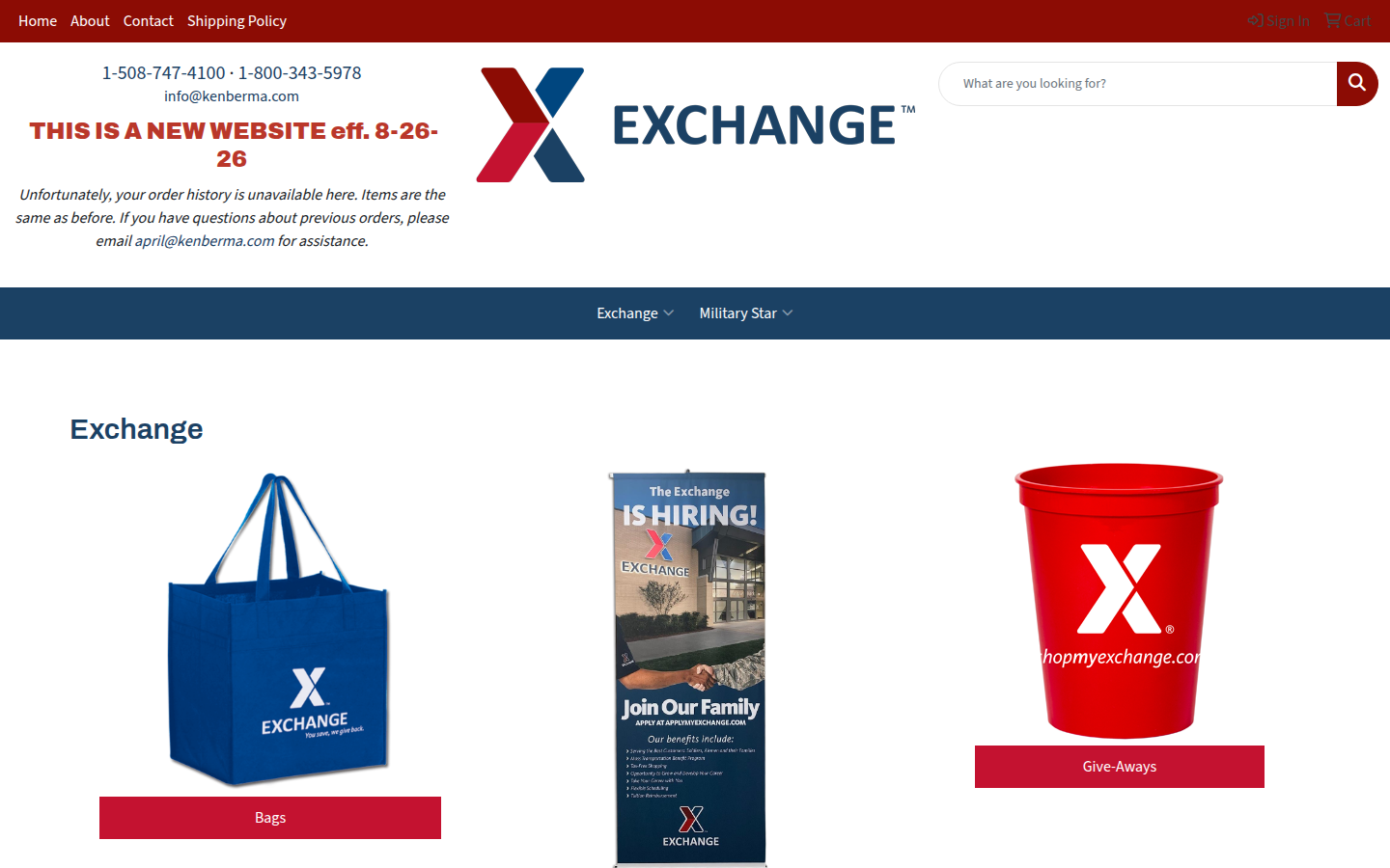 Homepage of myexchangepromos.com showing Exchange category tiles for Bags, a hiring poster used as Events, and Give-Aways